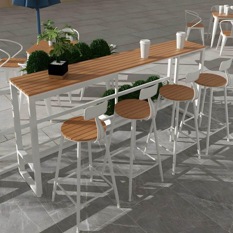 Rechteckiger Holz-Patio-Tisch mit weißem Metallrahmen industriell wasserbeständiger Bartisch - 47.2"L x 15.7"B x 41.3"H Nur Tisch