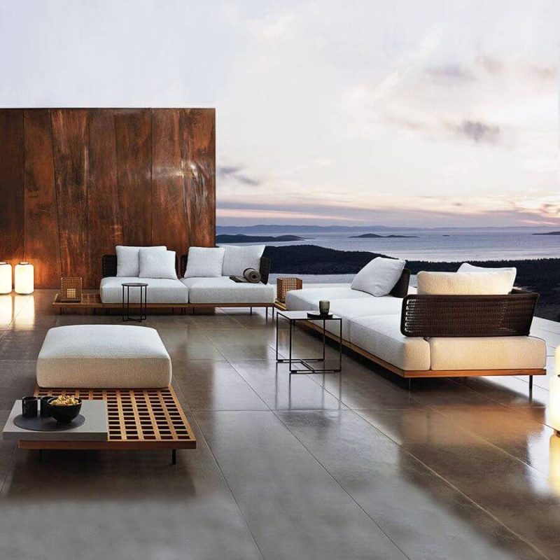 Orange Leinenstoff Modularer Garten-Sofa-Sitzgruppe mit Sectional Sofa, 3-teiliges Set (Stuhl & Ecksofa & Couchtisch)