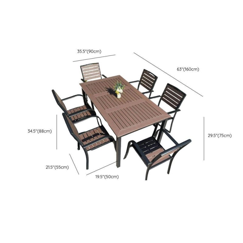 Dimension of Rostbeständiges modernes Alloy Outdoor-Esszimmerset mit Kakaotisch und Stuhl, 7-teiliges Set, 63"L x 35,4"B x 29,5"H, Tisch & 6 Stühle