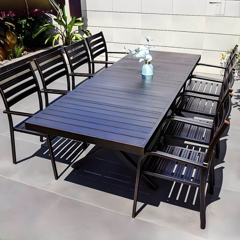 9-teiliges Set Casual Alloy Patio Esszimmer-Set mit wetterfester Tinte Tisch und Stühlen, Schwarz, 94"L x 35"B x 28"H, Tisch & 8 Stühle