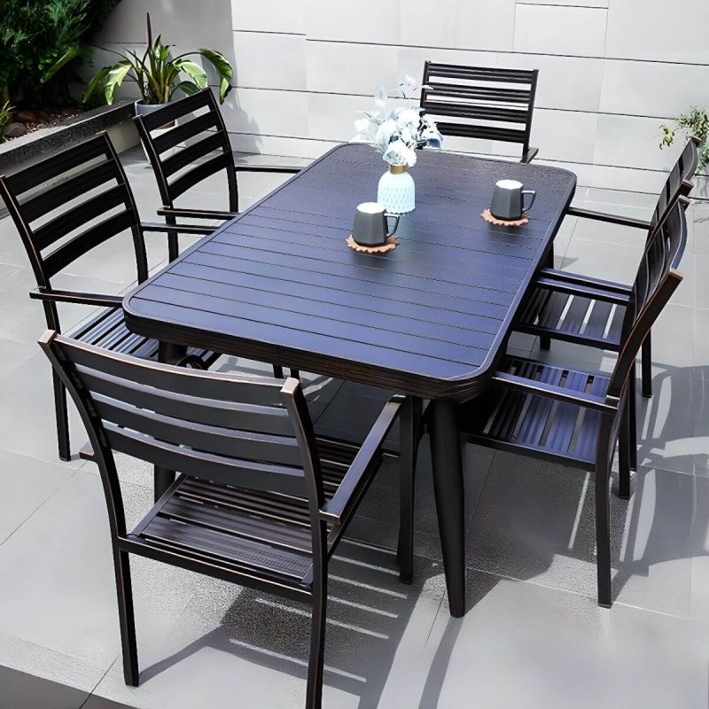 Casual Alloy Patio Esszimmer-Set mit wetterfester Tinte Tisch und Stühlen, 7-teilig, Schwarz, 59"L x 35"B x 28"H, Tisch & 6 Stühle