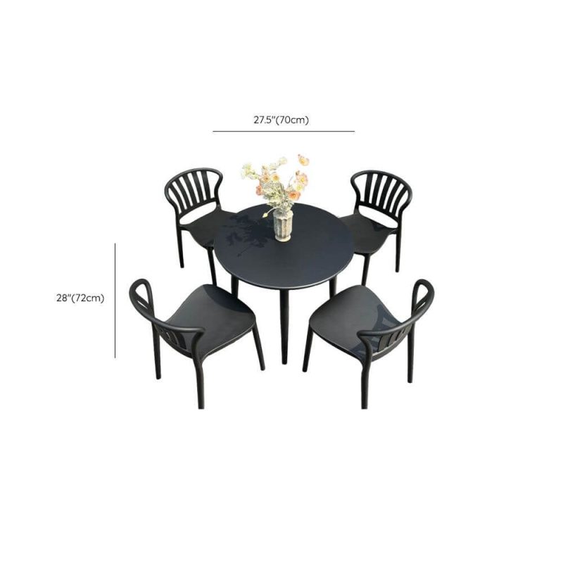 Dimension of Outdoor-Esstischset, wetterbeständig, Sitzfläche aus Polymerverbund, runde Tinte, 5-teilig, Stuhl & Tisch, Schwarz, 27,6"L x 27,6"B x 28,3"H, Tisch & 4 Stühle