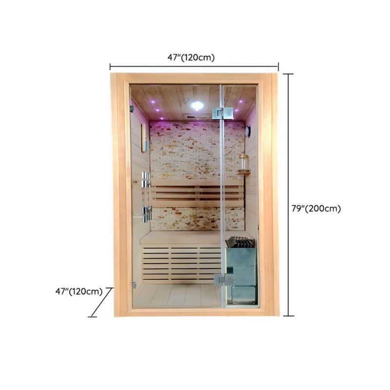 Dimension of Indoor/Outdoor Holz-Rechteck-Sauna mit LED-Beleuchtung und Bluetooth - Sicherheitsglas 47.2"L x 47.2"B x 78.7"H