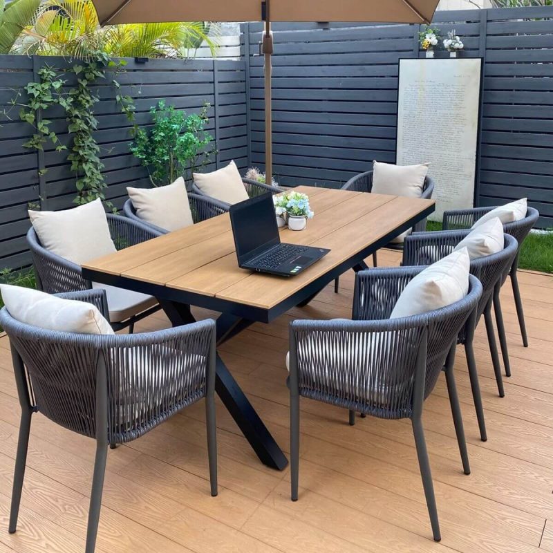 Polstergarnitur für die Terrasse, 7-teilig, braun UV-blockierend mit Stuhl & Tisch, minimalistischer Stil, Schwarz, 59.1"L x 35.4"B x 29.5"H, Tisch & 6 Stühle