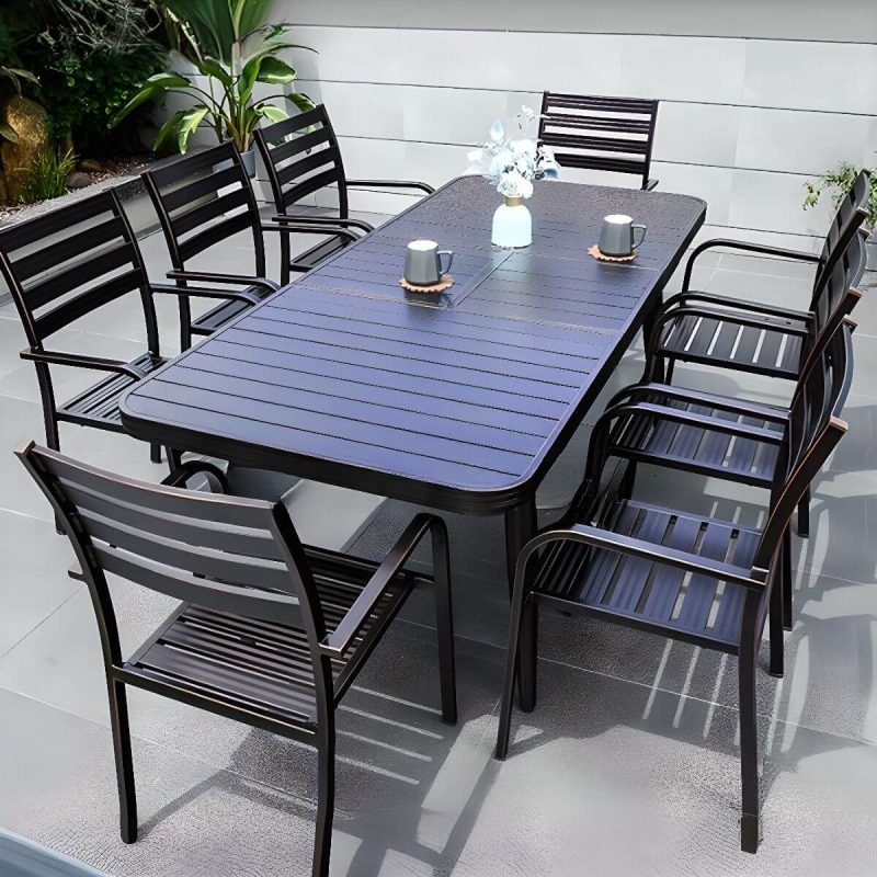 9-teiliges Set Casual Alloy Patio Esszimmer-Set mit wetterfester Tinte Tisch und Stühlen, Schwarz, 79"L x 35"B x 28"H, Tisch & 8 Stühle