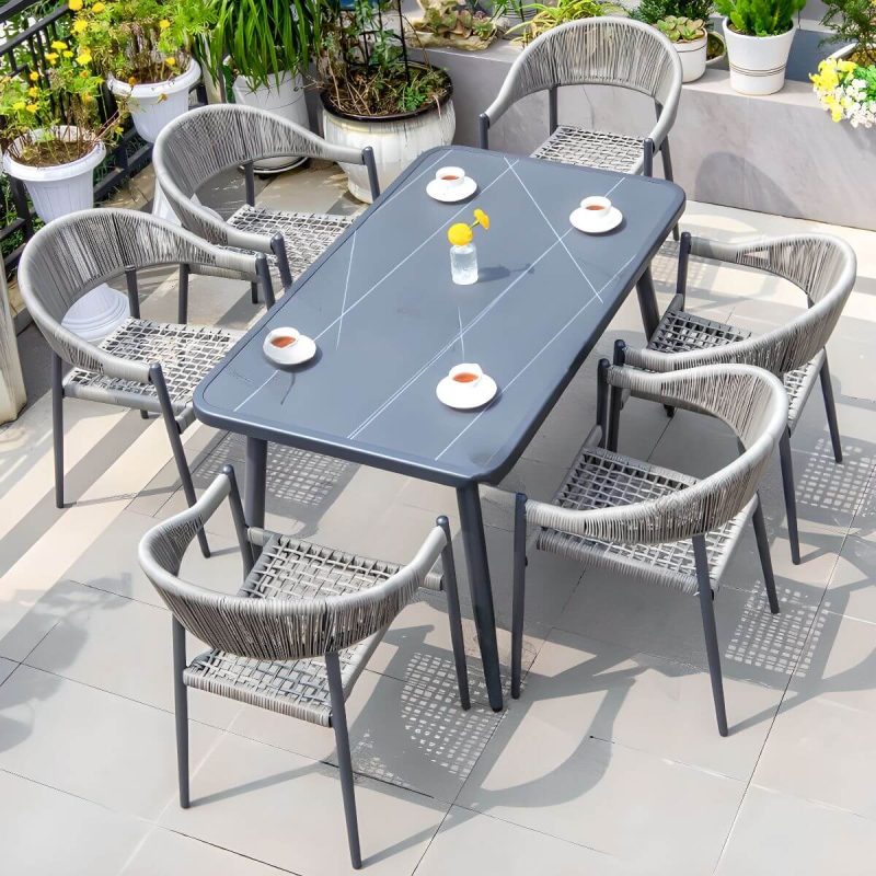 Moderner feuersicherer Ink-Vitreous Outdoor-Esstisch, 7-teiliges Set mit Stuhl und Tisch, Tisch & 6 Stühle, 53"L x 31"B x 29"H