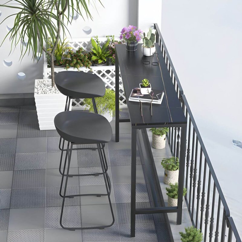 Moderner rechteckiger Metall-Patio-Bartisch mit Steintischplatte und Schirmloch - 70.9"L x 15.7"B x 41.3"H Nur Tisch Schwarz
