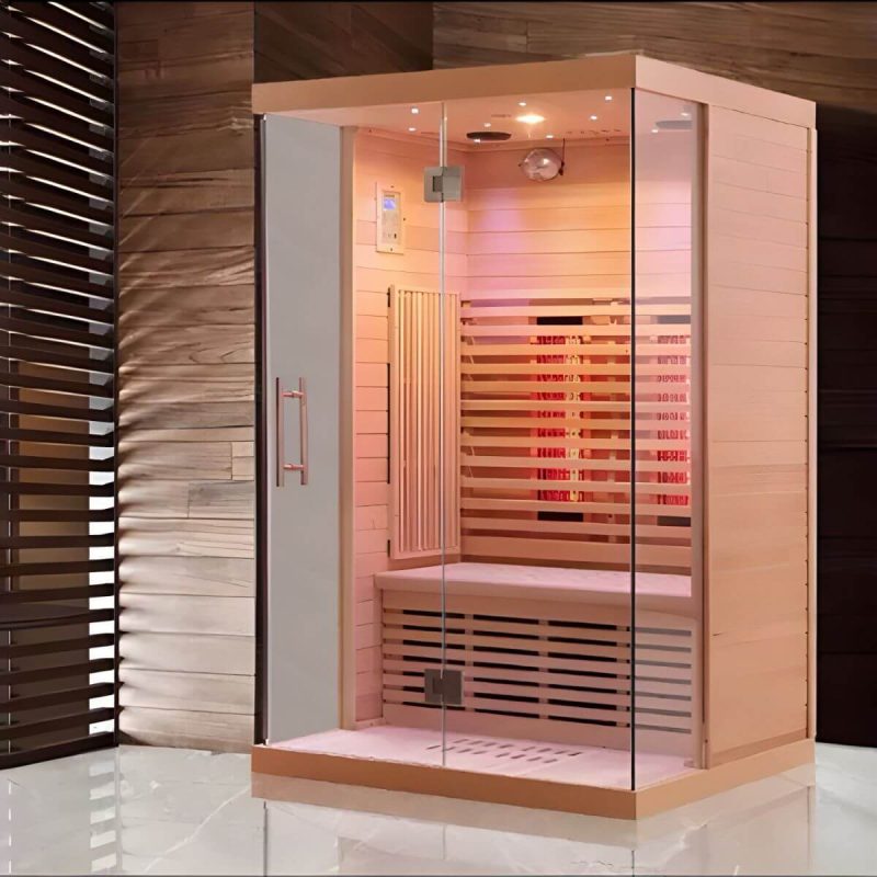 Braune rechteckige Sauna mit einer Tür, LED-Beleuchtung und Bluetooth-Kompatibilität - 59"L x 47"B x 75"H Rotzeder
