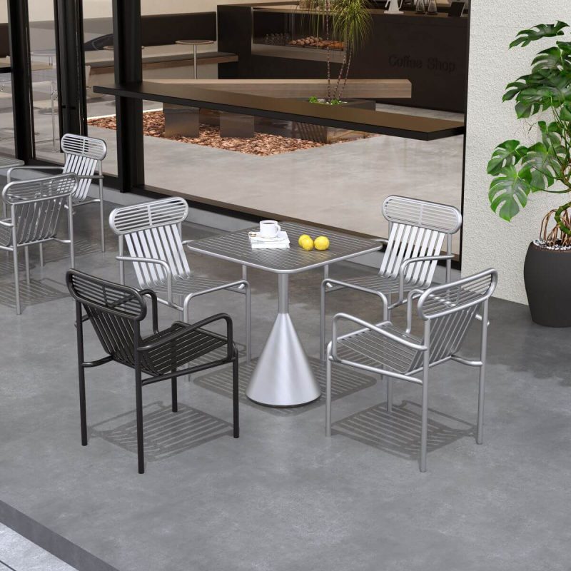Minimalistischer Eisen-Patio-Esstisch mit wetterfestem metallischem Tisch und Stühlen, 5-teilig, Silber, 27,6"L x 27,6"B x 29,5"H, Tisch & 4 Stühle
