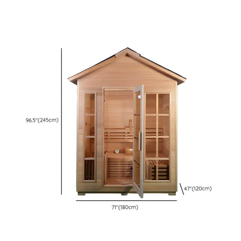 Dimension of Workspace Essentials: Braune rechteckige Holzsauna mit LED-Beleuchtung und Sitzbank - 71"L x 47"B x 96"H