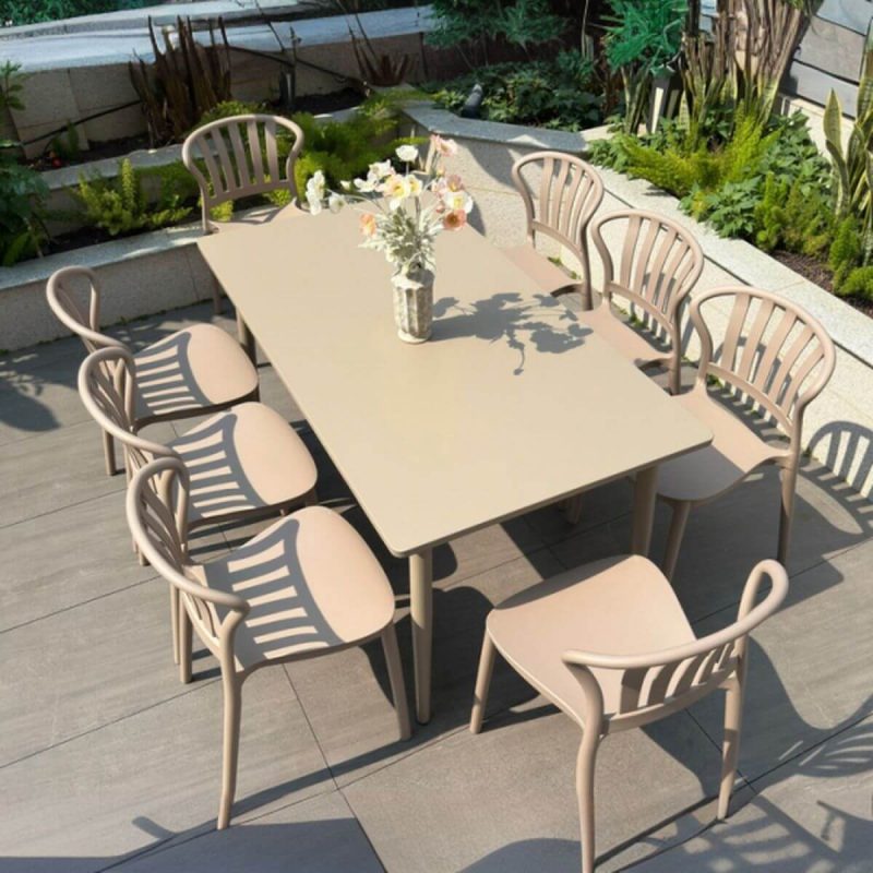 Elfenbein 9-teiliges Outdoor-Esstischset, wetterbeständig mit Polymer-Verbundsitz, rechteckiger Stuhl und Tisch, 59"L x 31.5"B x 28"H, Tisch & 8 Stühle