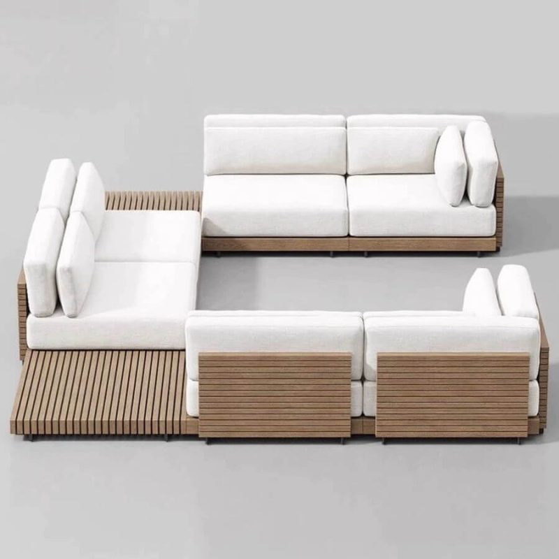 Outdoor-Sofa-Konversationsset mit Textilbezug, 6-teiliges Set, Teakholzrahmen in Sepia, weißer Bezug, UV-beständig, gepolsterte Rückenlehne, 6-teiliges Set (4 Stühle & 2 Ecksofas)