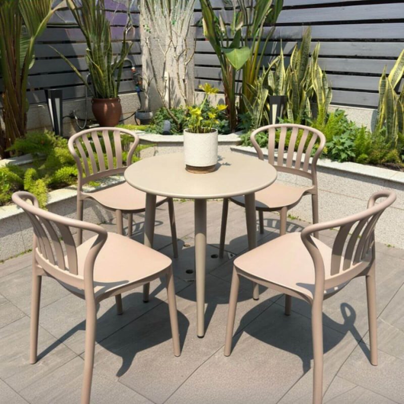 Elfenbein Outdoor-Esstischset, wetterbeständig mit Polymer-Verbundsitz, rundes 5-teiliges Stuhl- und Tischset, 27.6"L x 27.6"B x 28.3"H, Tisch & 4 Stühle