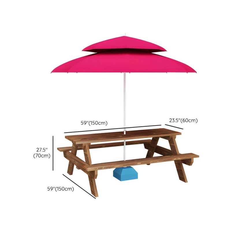 Dimension of Zeitgenössischer Massivholz-Picknicktisch rechteckig wasserfester Picknicktisch - Braun 59"L x 24"B x 27,5"H Tisch mit Sonnenschirm nur Tisch