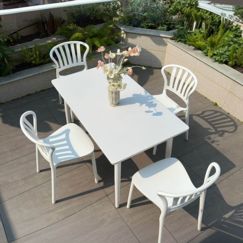 Outdoor-Esstischset, wetterbeständig, Sitzfläche aus Polymerverbund, rechteckige Tinte, 5-teilig, Stuhl & Tisch, Weiß, 47"L x 28"B x 28"H, Tisch & 4 Stühle
