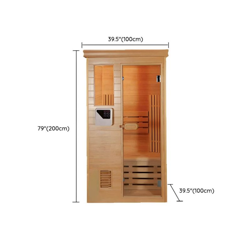 Dimension of Indoor/Outdoor Holz-Rechteck-Sauna mit LED-Beleuchtung und Bluetooth - Massivholz mit Glas 39.4"L x 39.4"B x 78.7"H