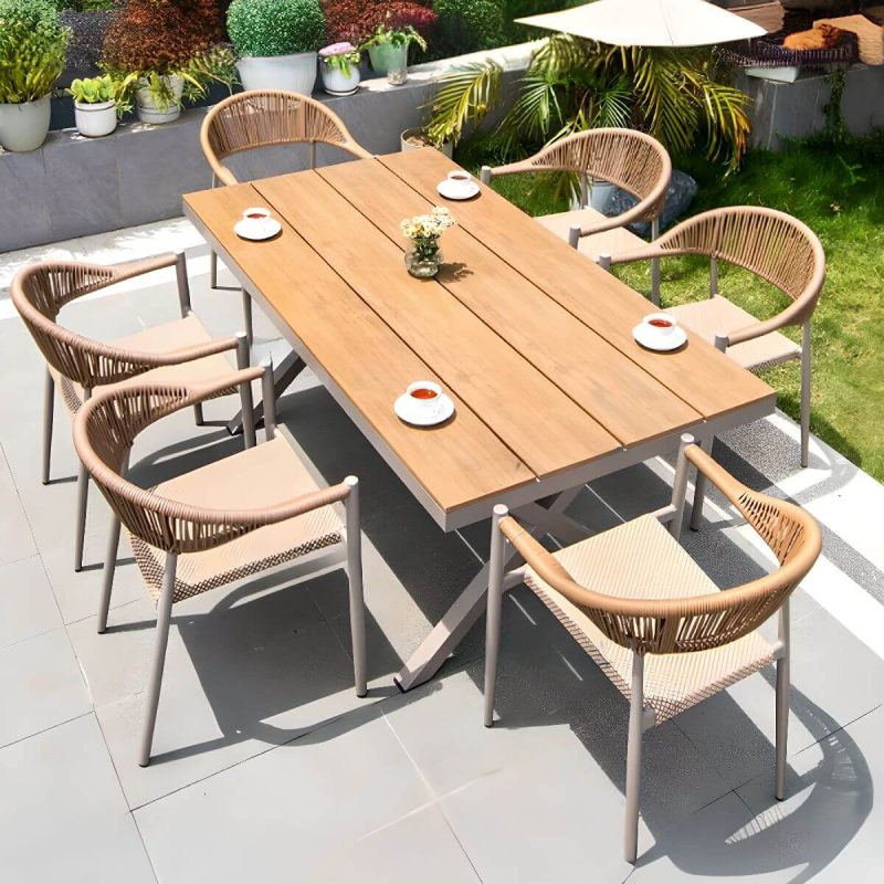 Khaki Modernes Outdoor-Esstischset mit wetterfestem Metallrahmen, 7-teiliges Set mit Stuhl & Tisch, 70.9"L x 35.4"B x 29.9"H, Tisch & 6 Stühle, Teak