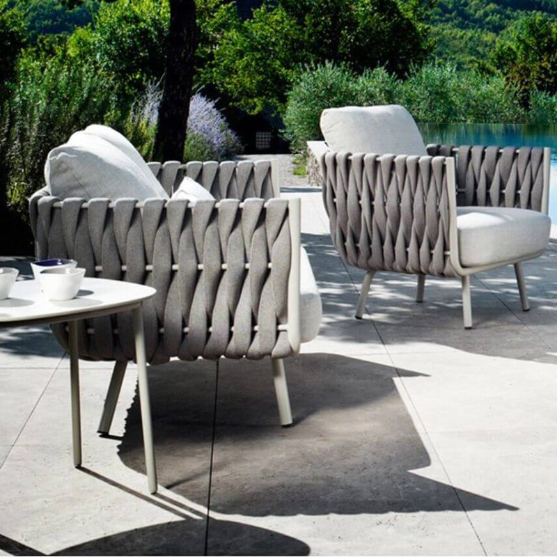 Outdoor-Sofagruppe mit Leinenstoffbezug, Cerulean-Kissen und Kreidetisch, 3-teiliges Set (1 Sessel & 1 Loveseat & 1 Couchtisch)