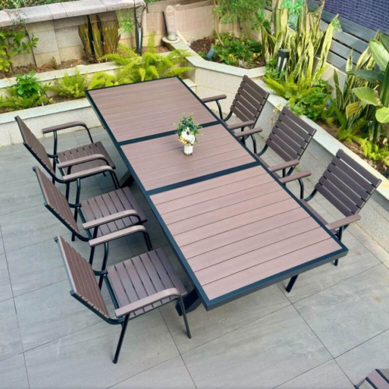 Rostbeständiges modernes Alloy Outdoor-Esszimmerset mit Kakaotisch und Stuhl, 7-teiliges Set, 94,5"L x 35,4"B x 29,5"H, Tisch & 6 Stühle
