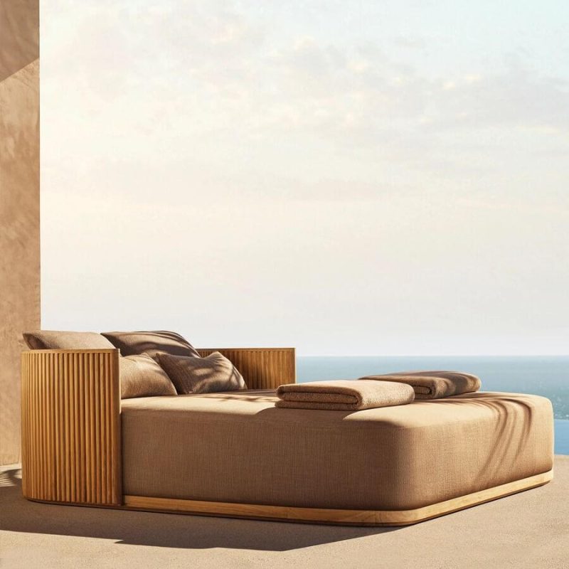 Braunes gepolstertes Teak-Loveseat, modulares Design, Platz für 2 Personen, UV-beständig, minimalistisch mit Kissen, 2-Sitzer Ecksofa