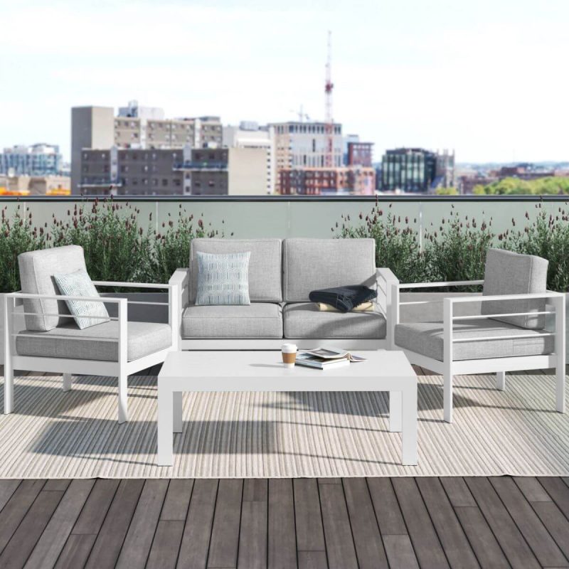 4-teiliges Taubengraues Stoff-Patio-Sofa-Sitzgruppe mit Holztisch in Grau/Weiß, wasserabweisend - Weißes 4-teiliges Set (2 Stühle & 1 Zweisitzer & 1 Couchtisch)