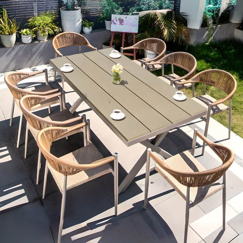 Hellgraues 9-teiliges Set Outdoor-Esstischset mit wetterfestem Metallrahmen, Stuhl & Tisch - Moderner Stil, 70.9"L x 35.4"B x 29.9"H, Tisch & 8 Stühle