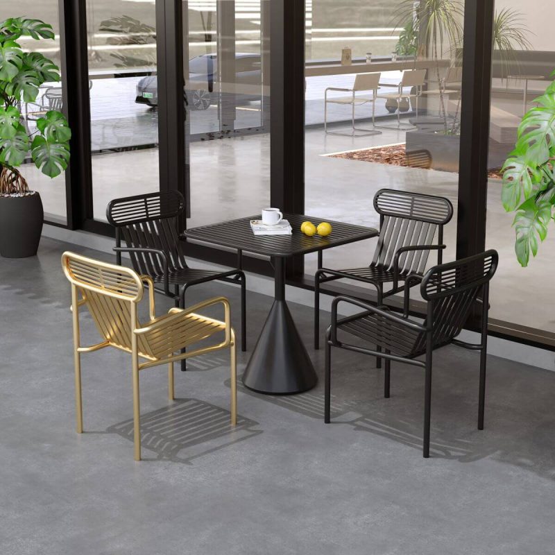 Minimalistischer Eisen-Patio-Esstisch mit wetterfestem Tintentisch und Stühlen, 5-teilig, Schwarz, 27,6"L x 27,6"B x 29,5"H, Tisch & 4 Stühle