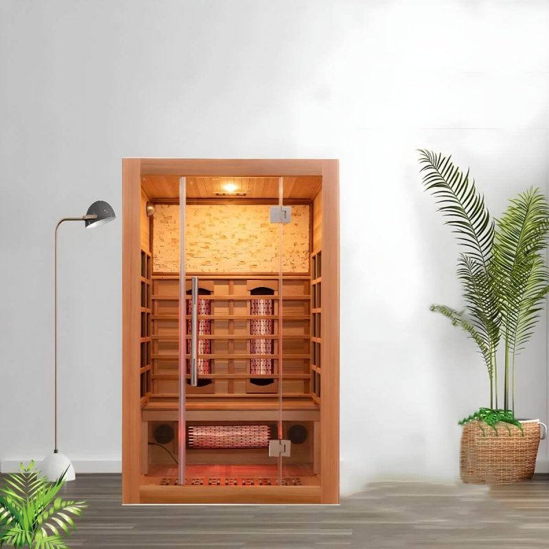 Braune rechteckige Sauna mit einer Tür, LED-Beleuchtung und Bluetooth-Kompatibilität - 59"L x 47"B x 75"H Rotzeder