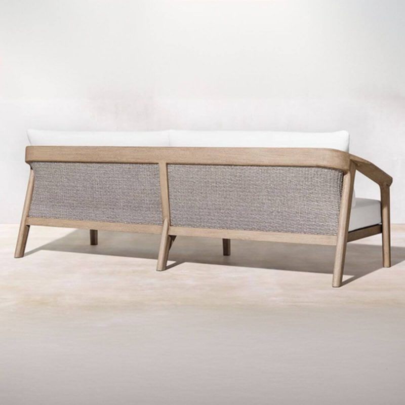 Luxuriöses 4-teiliges Garten-Sofa-Set mit Teak-Tischplatte, weißem Synthetikfaser-Bezug, hellbraunem Tisch, Loveseat, Zitronenfarbe Kissen - Loveseat