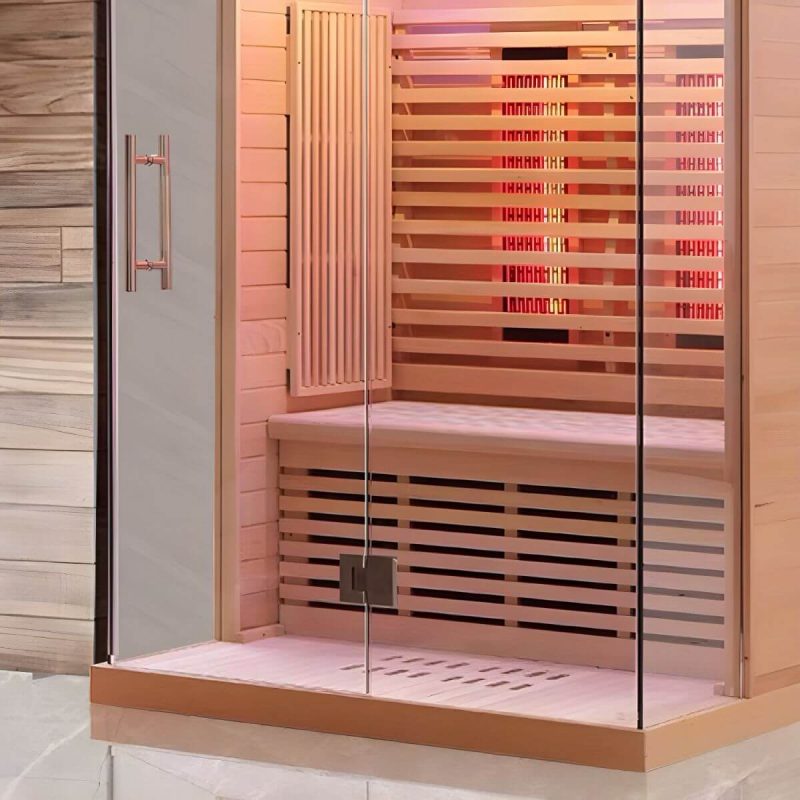 Braune rechteckige Sauna mit einer Tür, LED-Beleuchtung und Bluetooth-Kompatibilität - 35"L x 35"B x 75"H Hemlock