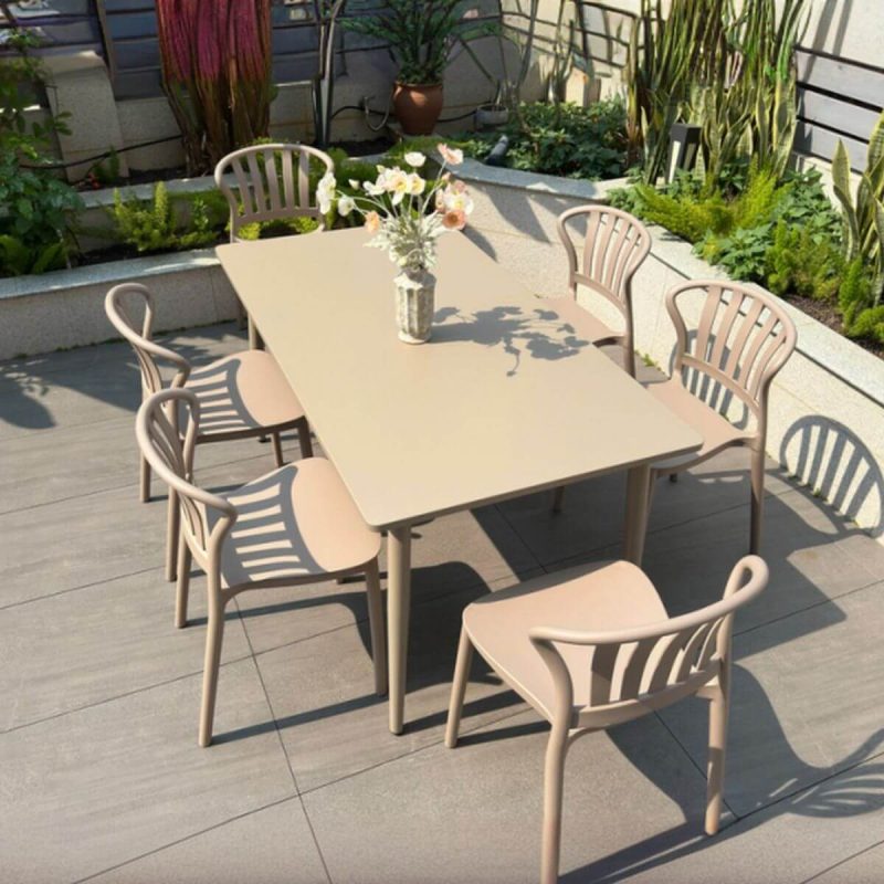 Elfenbein Outdoor-Esstischset, wetterbeständig mit Polymer-Verbundsitz, 7-teiliges Set, rechteckiger Stuhl und Tisch, 59"L x 31.5"B x 28"H, Tisch & 6 Stühle