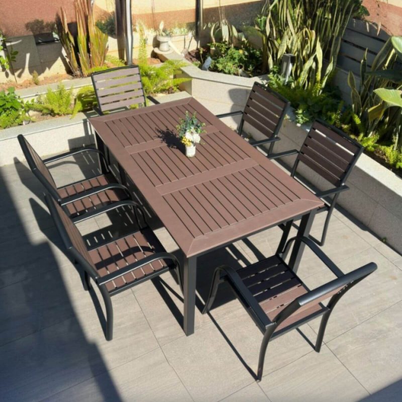 Rostbeständiges modernes Alloy Outdoor-Esszimmerset mit Kakaotisch und Stuhl, 7-teiliges Set, 63"L x 35,4"B x 29,5"H, Tisch & 6 Stühle