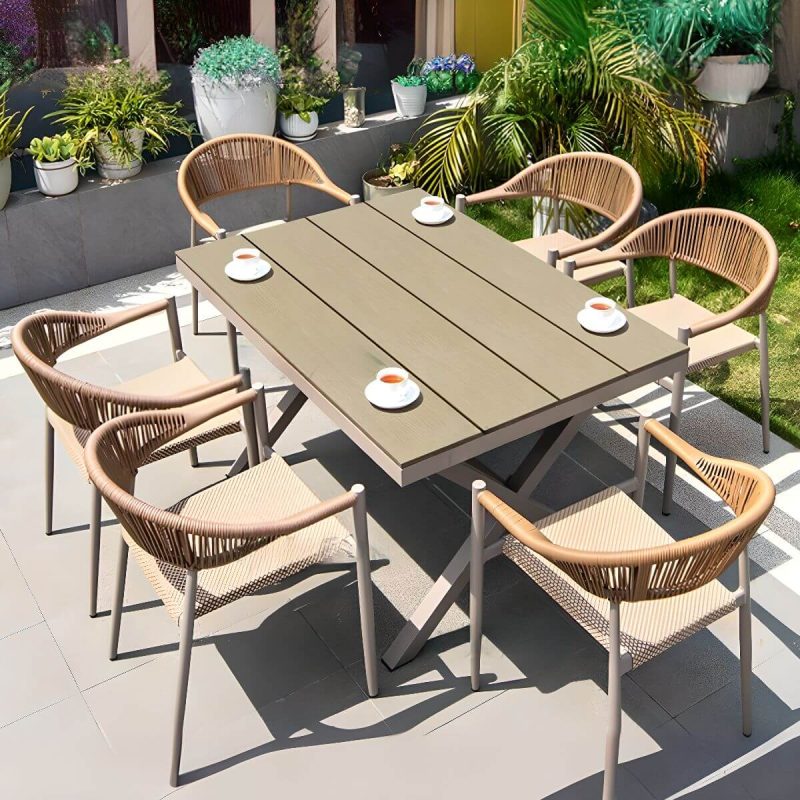 Hellgraues Modernes Outdoor-Esstischset mit wetterfestem Metallrahmen, 7-teiliges Set mit Stuhl & Tisch, 51.2"L x 35.4"B x 29.5"H, Tisch & 6 Stühle