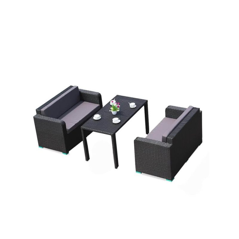 Leinenstoff-Patio-Sofagruppe mit klarem Tisch und dunkelblauem Kissen, 3-teiliges Set (3-Sitzer Sofa x 2 & Couchtisch)