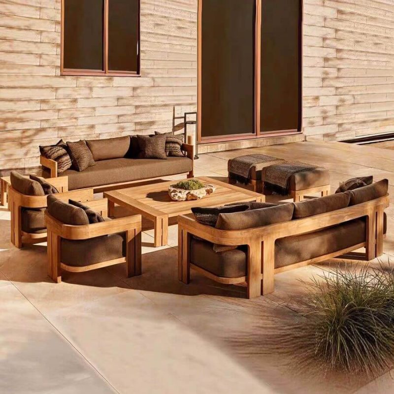 8-teilige Terrassen-Sofagruppe mit Textilbezug, inklusive 2 Tische, Teak, 8-teiliges Set (2 Stühle&2 Sofas&2 Ottomane&2 Tische)
