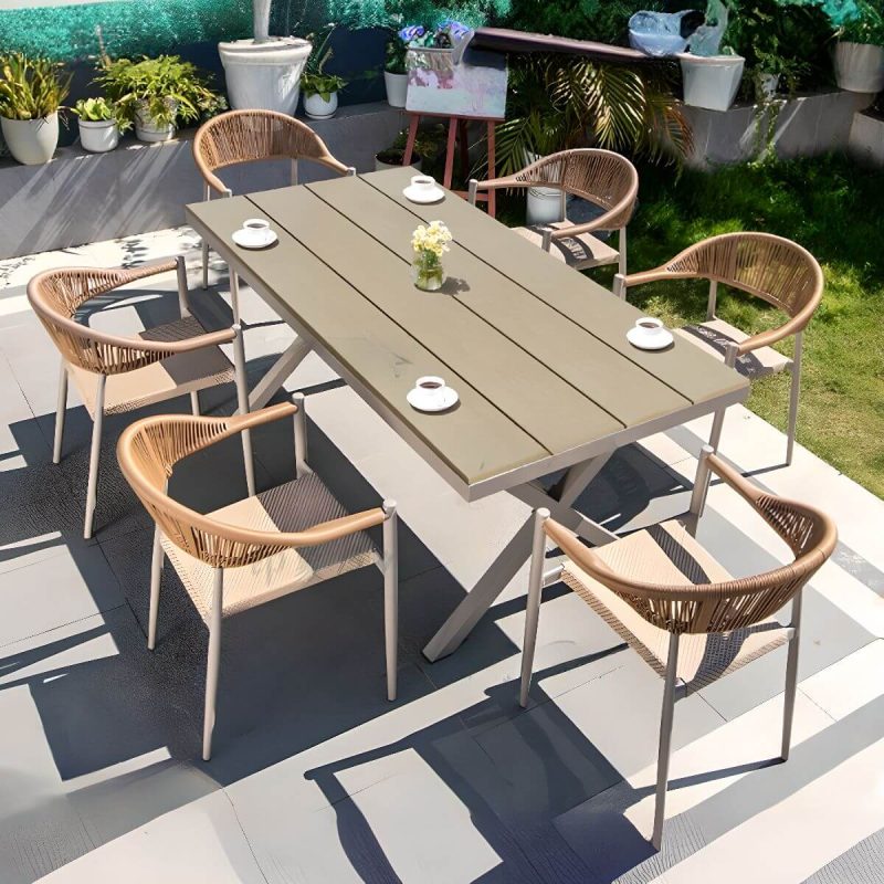 Hellgraues Modernes Outdoor-Esstischset mit wetterfestem Metallrahmen, 7-teiliges Set mit Stuhl & Tisch, 70.9"L x 35.4"B x 29.9"H, Tisch & 6 Stühle