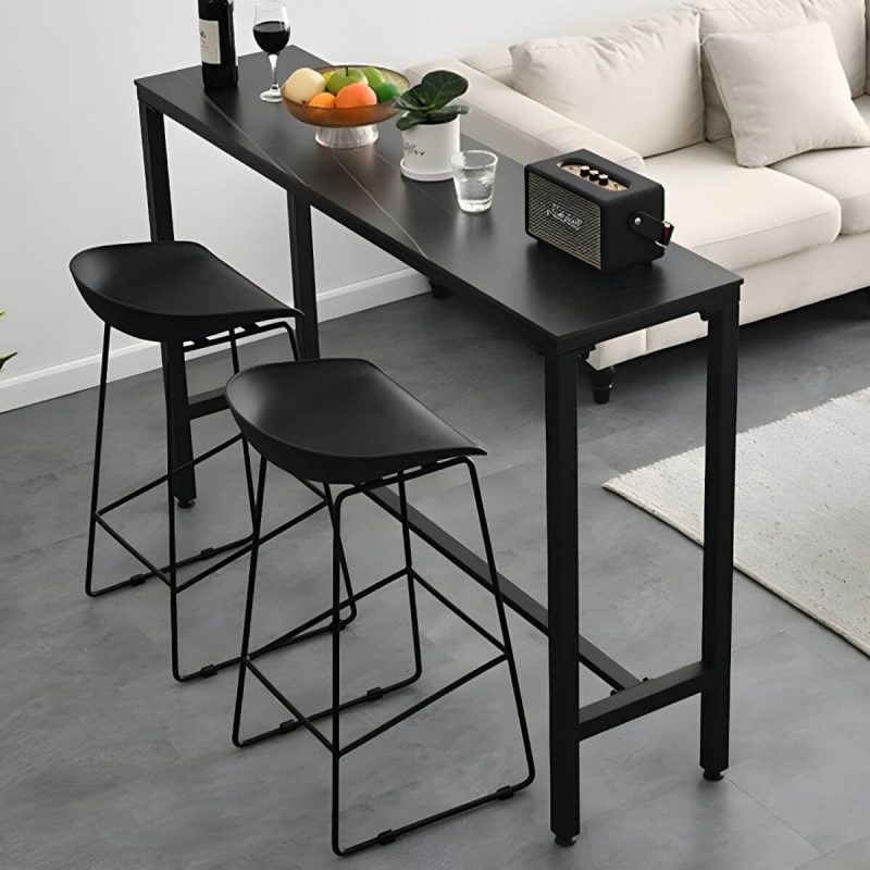 Moderner rechteckiger Metall-Patio-Bartisch mit Steintischplatte und Schirmloch - 70.9"L x 15.7"B x 41.3"H Nur Tisch Schwarz