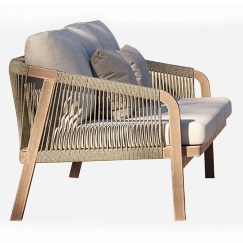 4-teiliges Outdoor-Sofa-Konversationsset mit Textilbezug, Karamell natürlicher Holztisch, Sofa, weißes Kissen, UV-beständig, 4-teiliges Set (2 Stühle & 1 3-Personen-Sofa & 1 Couchtisch)