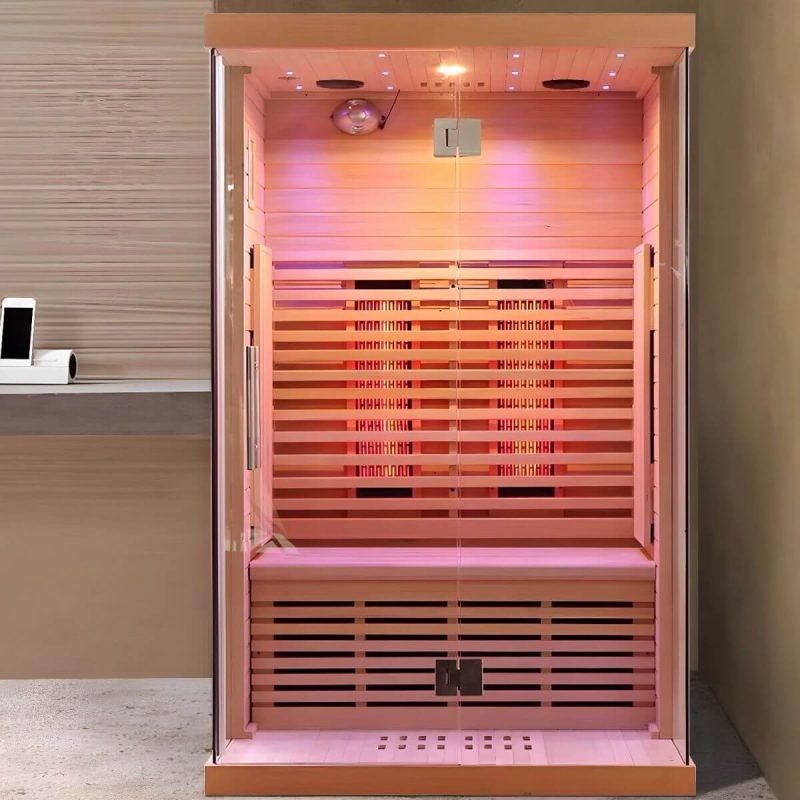 Braune rechteckige Sauna mit einer Tür, LED-Beleuchtung und Bluetooth-Kompatibilität - 47"L x 39"B x 75"H Rotzeder