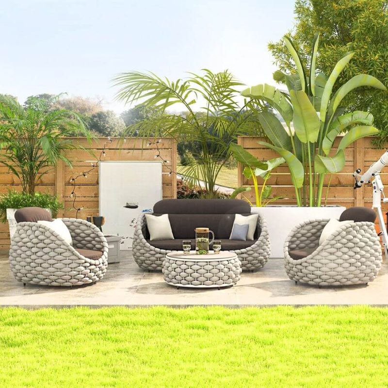 Outdoor-Sofa-Konversationsset mit Tisch aus gesintertem Stein in Grau, schwarzer Leinenstoffbezug, Sofa, weißes Kissen, 4-teilig, 4-teiliges Set (2 Stühle & 1 3-Personen-Sofa & 1 Couchtisch)