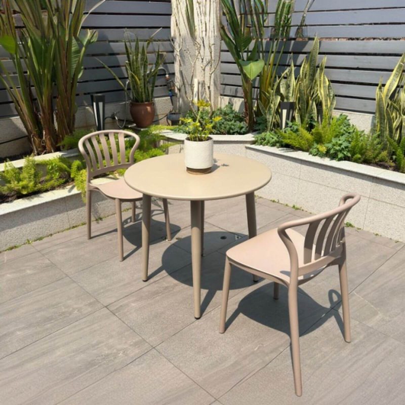 Elfenbein Outdoor-Esstischset, wetterbeständig mit Polymer-Verbundsitz, 3-teiliges Set, runder Stuhl und Tisch, 31.5"L x 31.5"B x 28.3"H, Schreibtisch mit 2 Stühlen