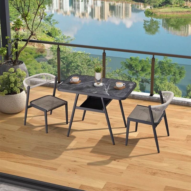 Taubengraues modernes Aluminium Outdoor-Essset, 3-teiliges Set, wetterfest mit Stuhl und Tisch, Grau, Schreibtisch mit 2 Stühlen