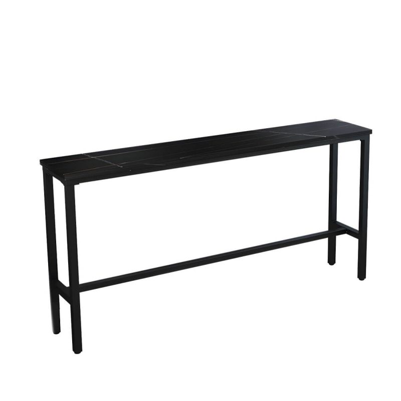 Moderner rechteckiger Metall-Patio-Bartisch mit Steintischplatte und Schirmloch - 39.4"L x 15.7"B x 41.3"H Nur Tisch Schwarz