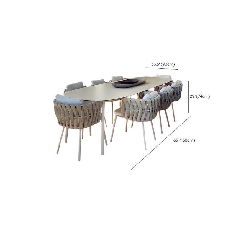 Dimension of Polsterte Taubengraue Terrassen-Esszimmergarnitur mit Stuhl und Tisch, 7-teilig Wetterfest Minimalistisch, 63"L x 35,5"B x 29,1"H, Tisch & 6 Stühle