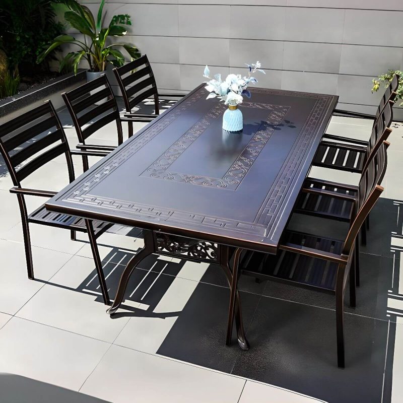 Casual Alloy Patio Esszimmer-Set mit wetterfester Tinte Tisch und Stühlen, 7-teilig, 79"L x 39"B x 28"H, Matt Schwarz, Tisch & 6 Stühle