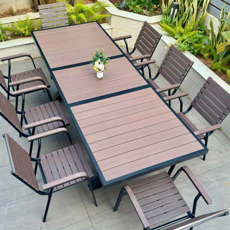 Rostbeständiges modernes Alloy Outdoor-Esszimmerset mit Kakaotisch und Stuhl, 9-teiliges Set, 94,5"L x 35,4"B x 29,5"H, Tisch & 8 Stühle