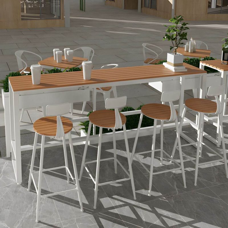 Rechteckiger Holz-Patio-Tisch mit weißem Metallrahmen industriell wasserbeständiger Bartisch - 55.1"L x 15.7"B x 41.3"H Nur Tisch