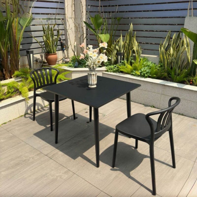 Outdoor-Esstischset, wetterbeständig, Sitzfläche aus Polymerverbund, quadratische Tinte, 3-teiliges Set, Stuhl & Tisch, Schwarz, 31,5"L x 31,5"B x 28,3"H, Schreibtisch mit 2 Stühlen