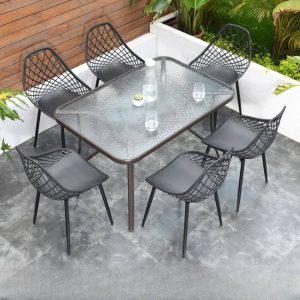 Klare wetterfeste Rechteck Polymer Verbund Outdoor-Esstischgarnitur mit Stuhl und Tisch, 7-teiliges Set, Klar, 47"L x 31"B x 28"H, Tisch & 6 Stühle