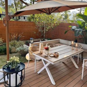 Polstergarnitur für die Terrasse, 5-teilig, braun UV-blockierend mit Stuhl & Tisch, minimalistischer Stil, Schwarz, 59.1"L x 35.4"B x 29.5"H, Tisch & 4 Stühle